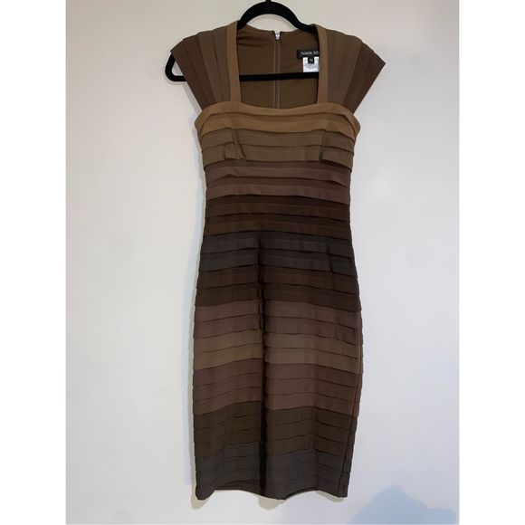 Tadashi Shoji Tiered Ombre Brown Gold Dress, Size Small Petite, MSRP $350 - Picture 2 of 10